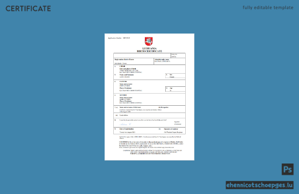 Litauische Geburtsurkunde – Beispielvorschau in Word und PDF